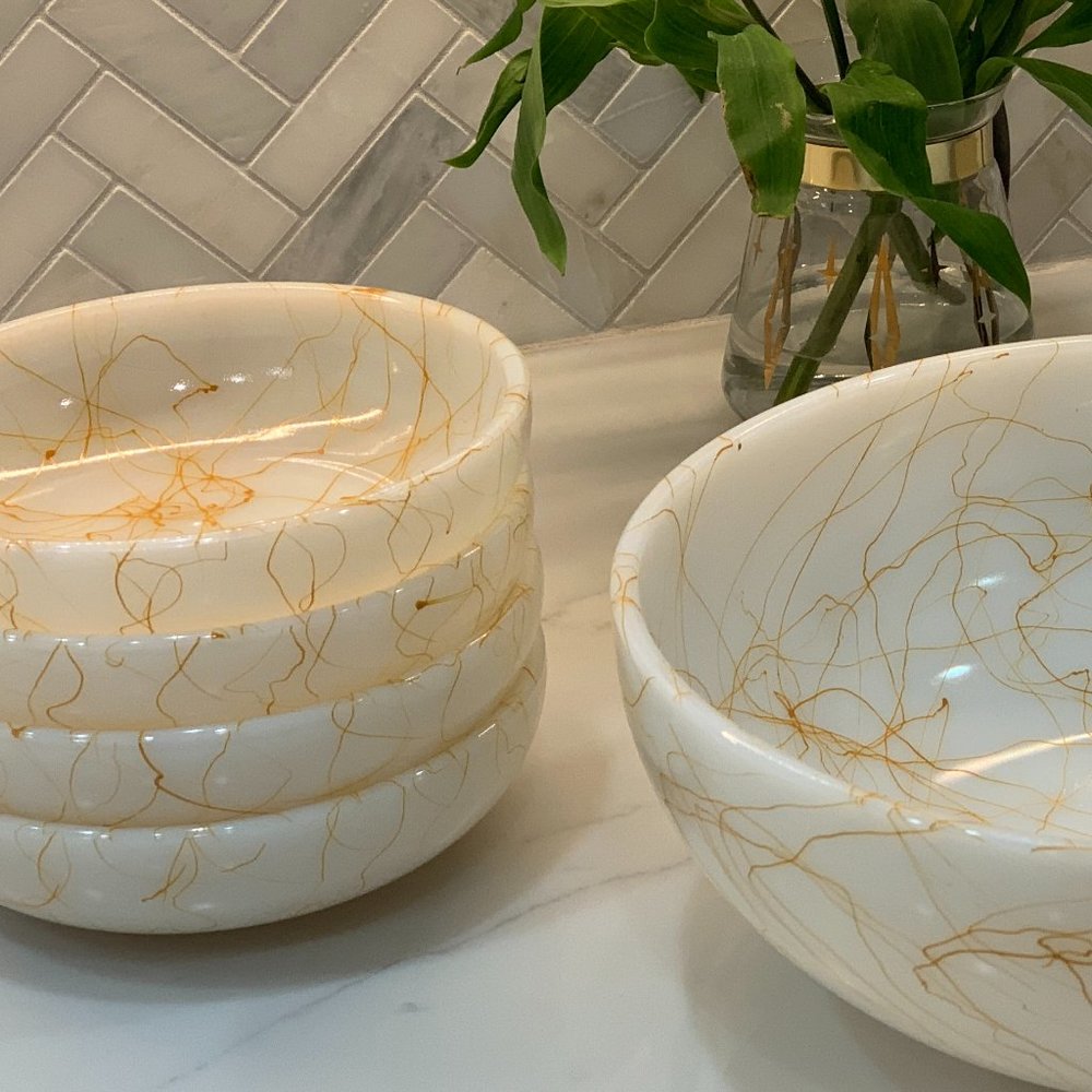 Fantastic Vintage Hazel Atlas Milk Glass Butterscotch Drizzle Serving Bowl Set - Picture 15 of 15